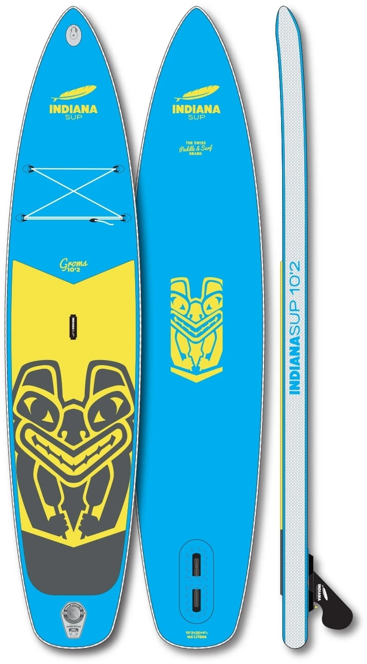 Indiana SUP 10'2 Groms Pack Inflatable SUP Board With 3-piece Carbon/fibreglass Paddle, Blauw/geel 1 Indiana SUP 10'2 Groms Pack Inflatable SUP Board With 3-piece Carbon/fibreglass Paddle, Blauw/geel