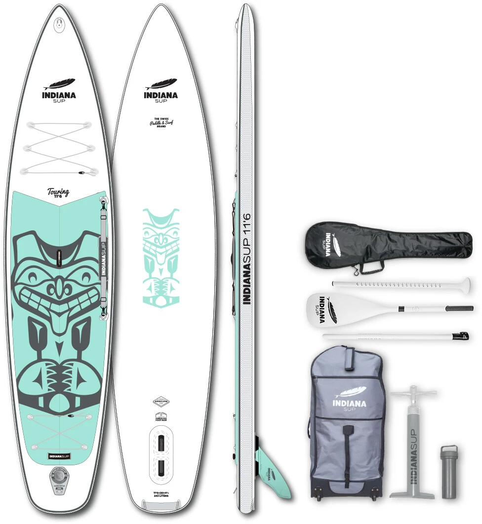 Indiana SUP 11'6 Touring Lite Pack Premium 3-delige Carbon Peddel/pomp/reparatieset, Wit/turquoise 1 Indiana SUP 11'6 Touring Lite Pack Premium 3-delige Carbon Peddel/pomp/reparatieset, Wit/turquoise